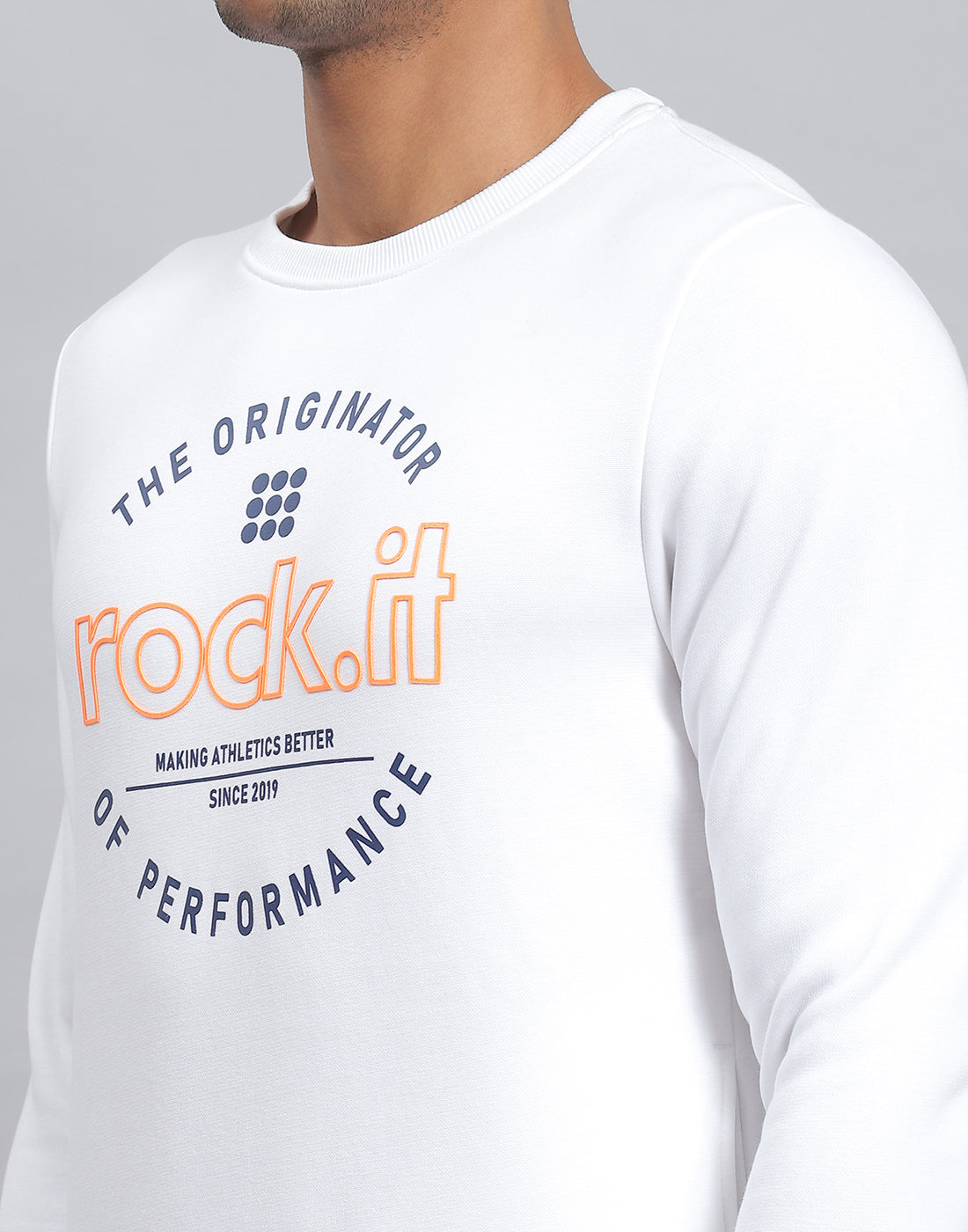 Men White Solid Round Neck Full Sleeve Sweatshirt