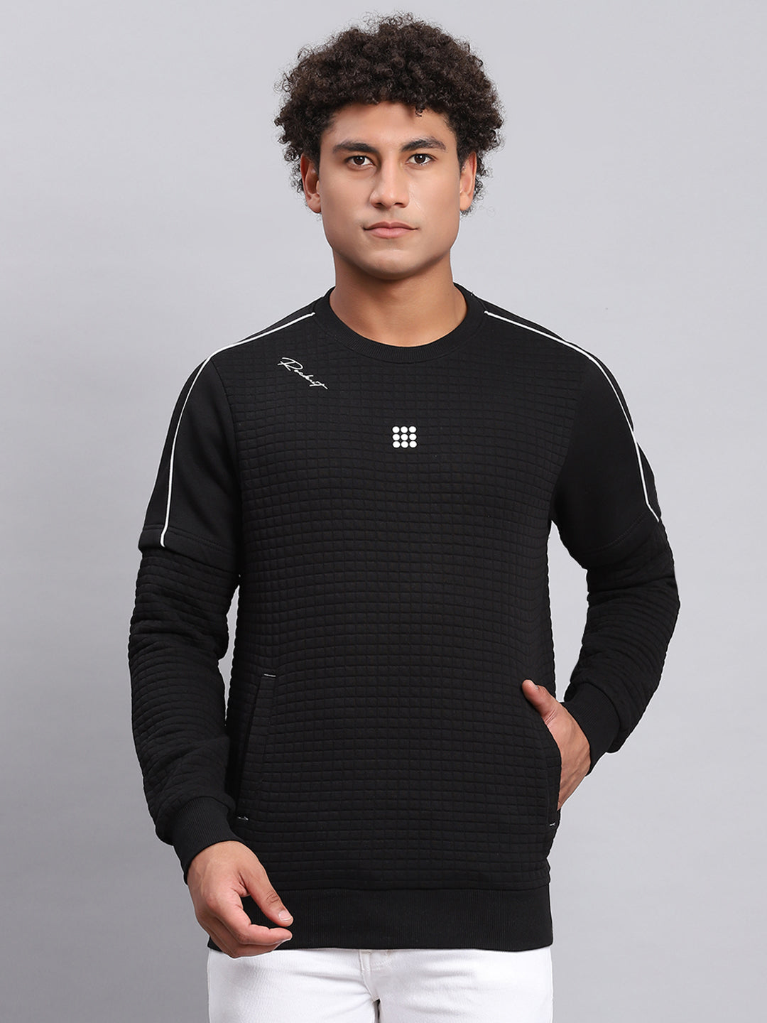 Men Black Self Design Round Neck Full Sleeve Sweatshirt