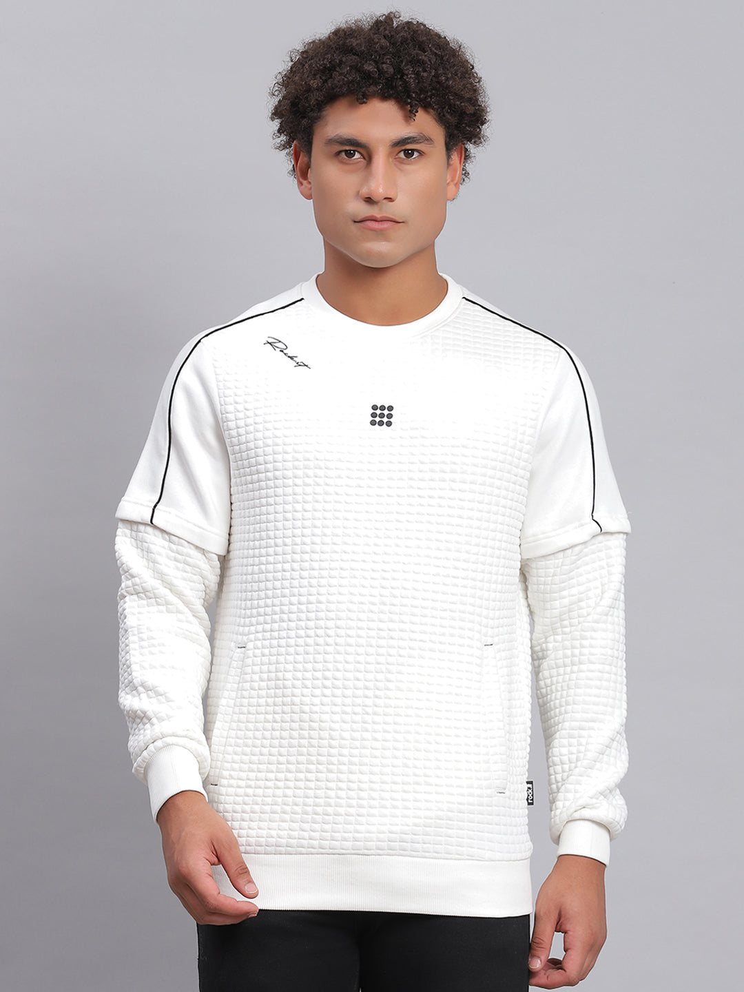 Men White Self Design Round Neck Full Sleeve Sweatshirt