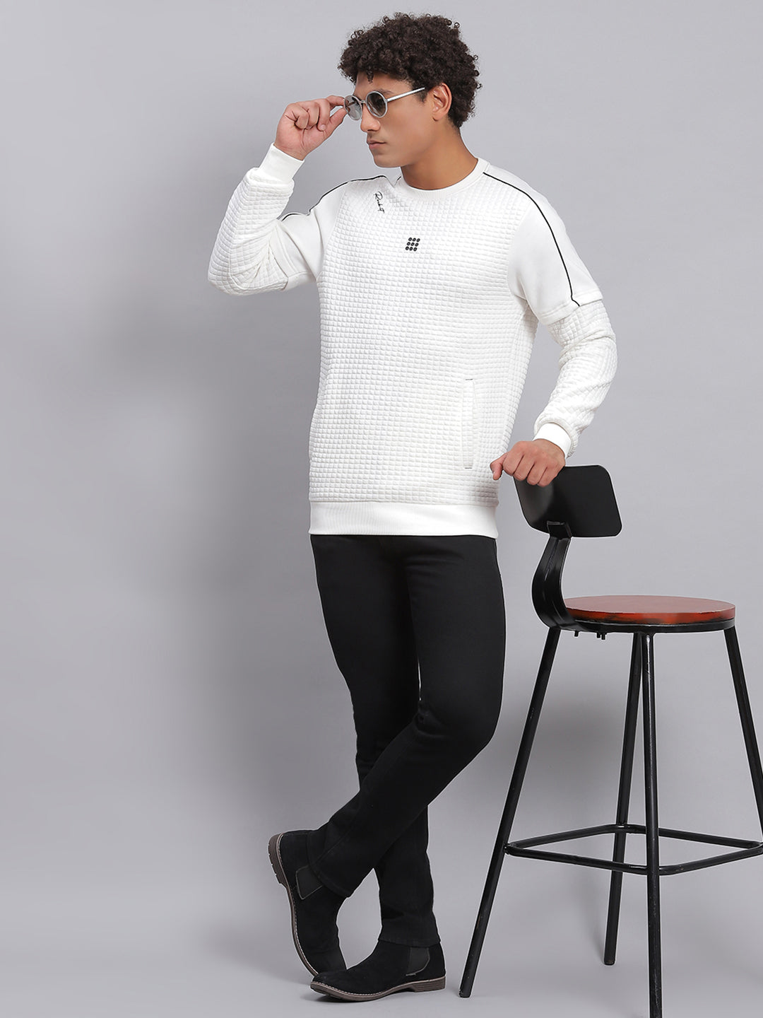 Men White Self Design Round Neck Full Sleeve Sweatshirt