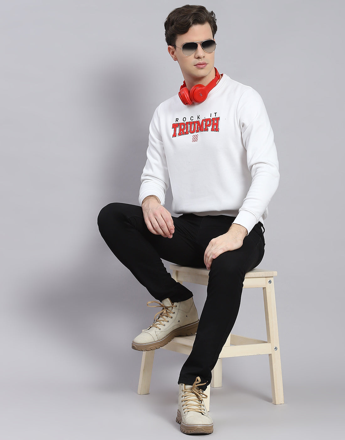 Men White Solid Round Neck Full Sleeve Sweatshirt