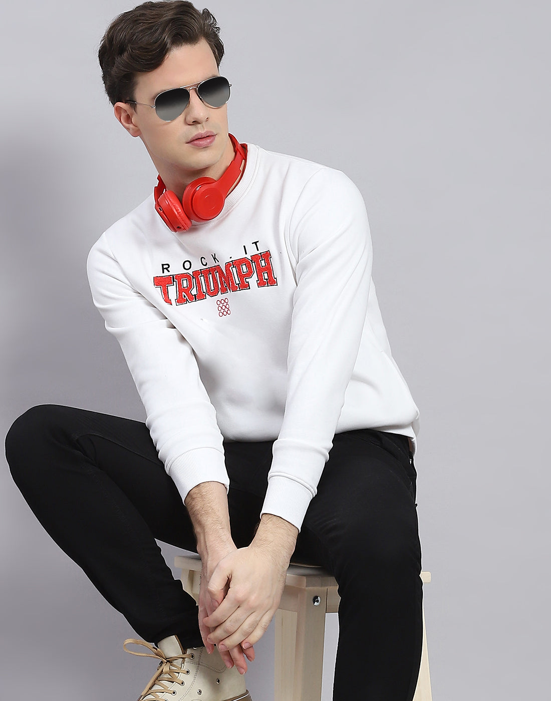 Men White Solid Round Neck Full Sleeve Sweatshirt