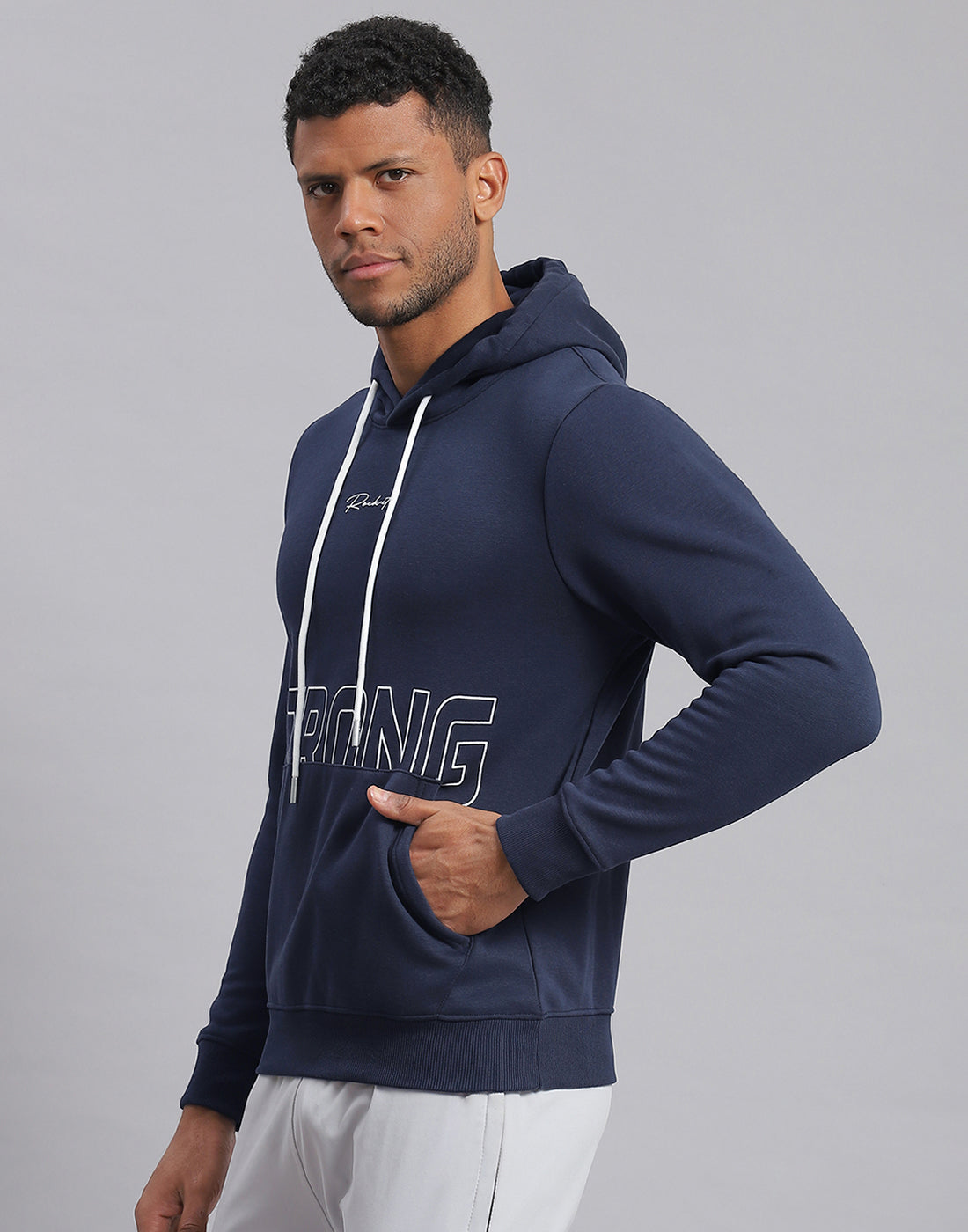 Men Navy Blue Printed Hooded Full Sleeve Sweatshirt