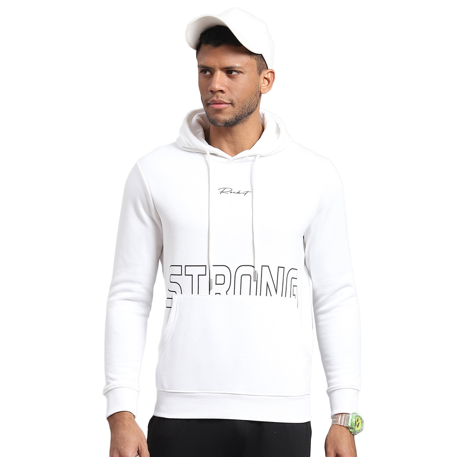 Men White Printed Hooded Full Sleeve Sweatshirt