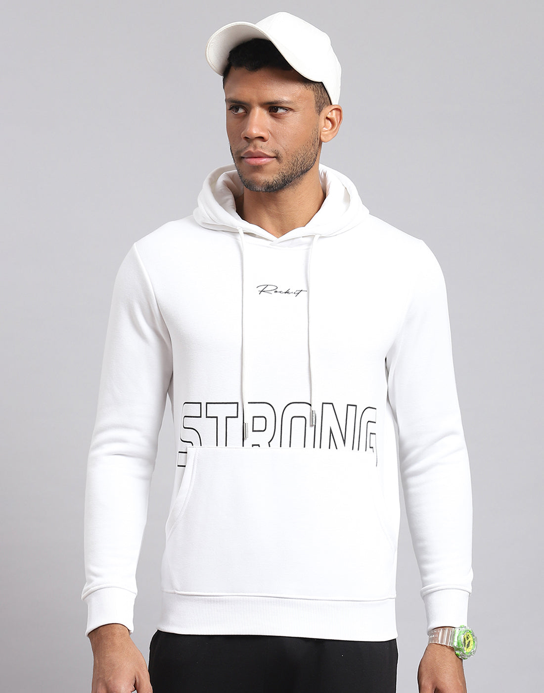 Men White Printed Hooded Full Sleeve Sweatshirt