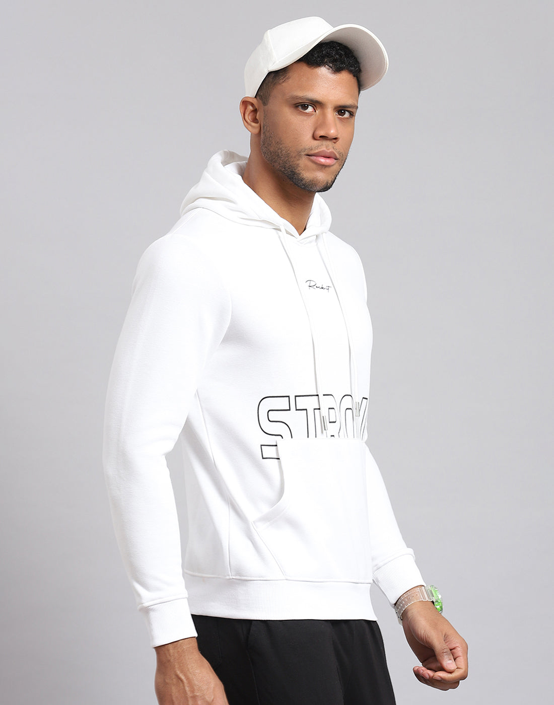 Men White Printed Hooded Full Sleeve Sweatshirt