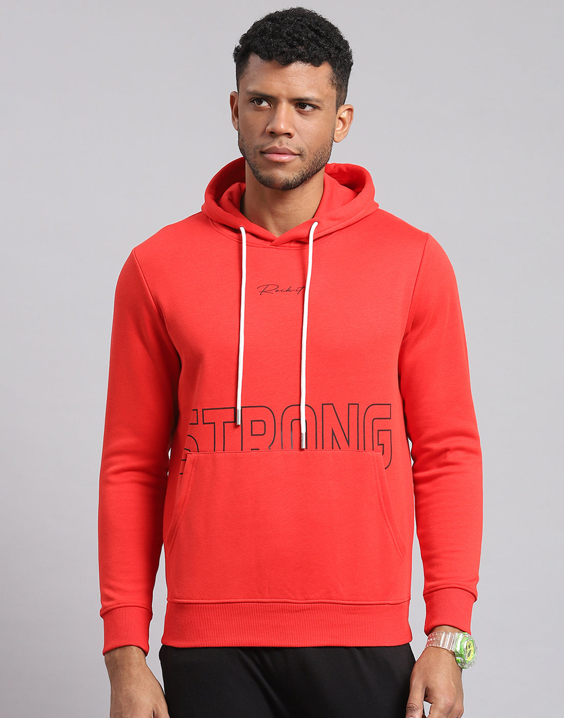 Men Red Printed Hooded Full Sleeve Sweatshirt