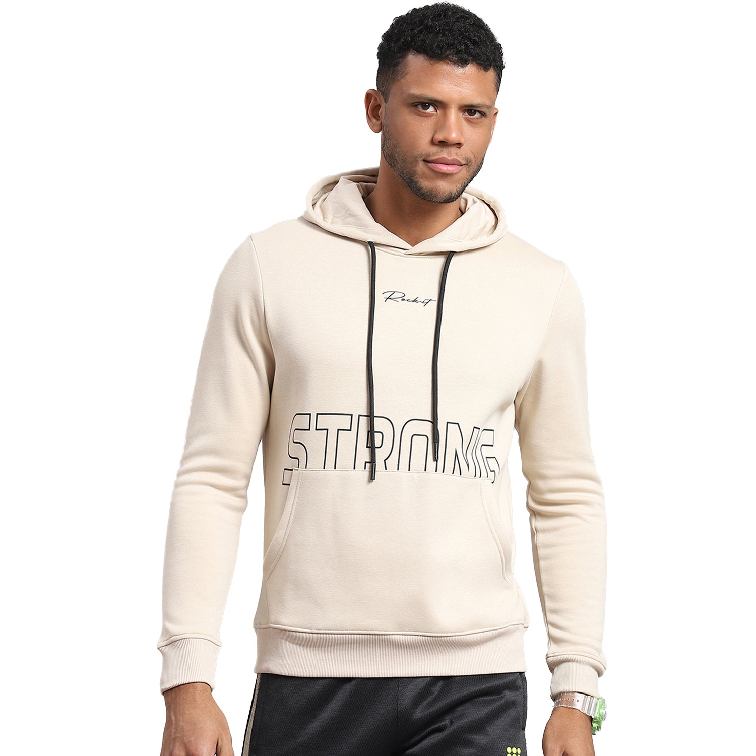 Men Cream Printed Hooded Full Sleeve Sweatshirt