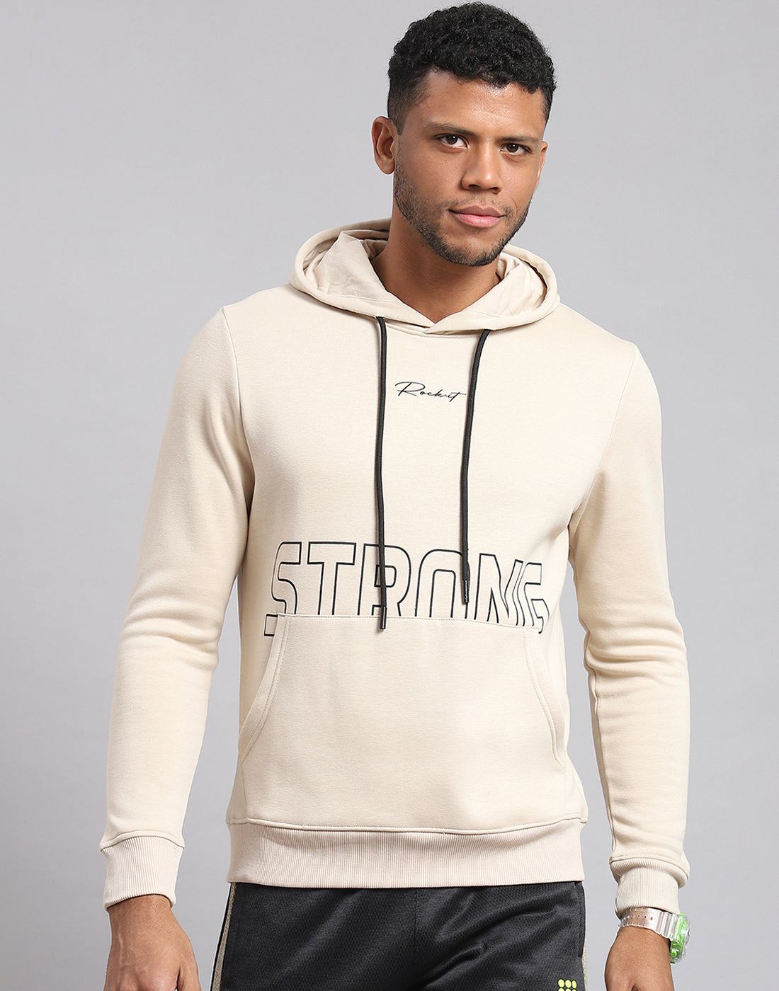 Men Cream Printed Hooded Full Sleeve Sweatshirt