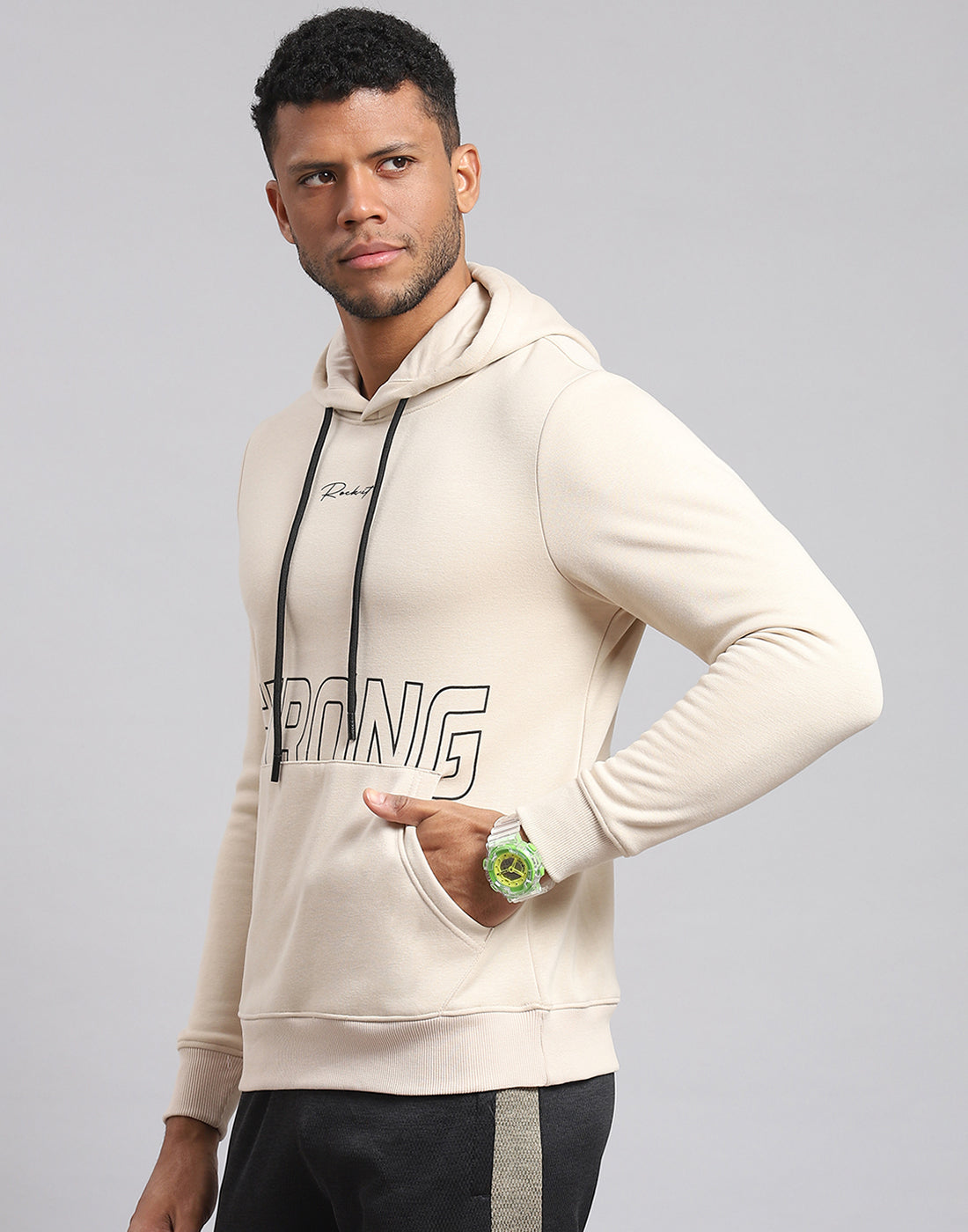 Men Cream Printed Hooded Full Sleeve Sweatshirt