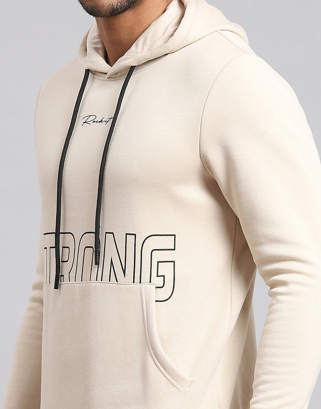 Men Cream Printed Hooded Full Sleeve Sweatshirt