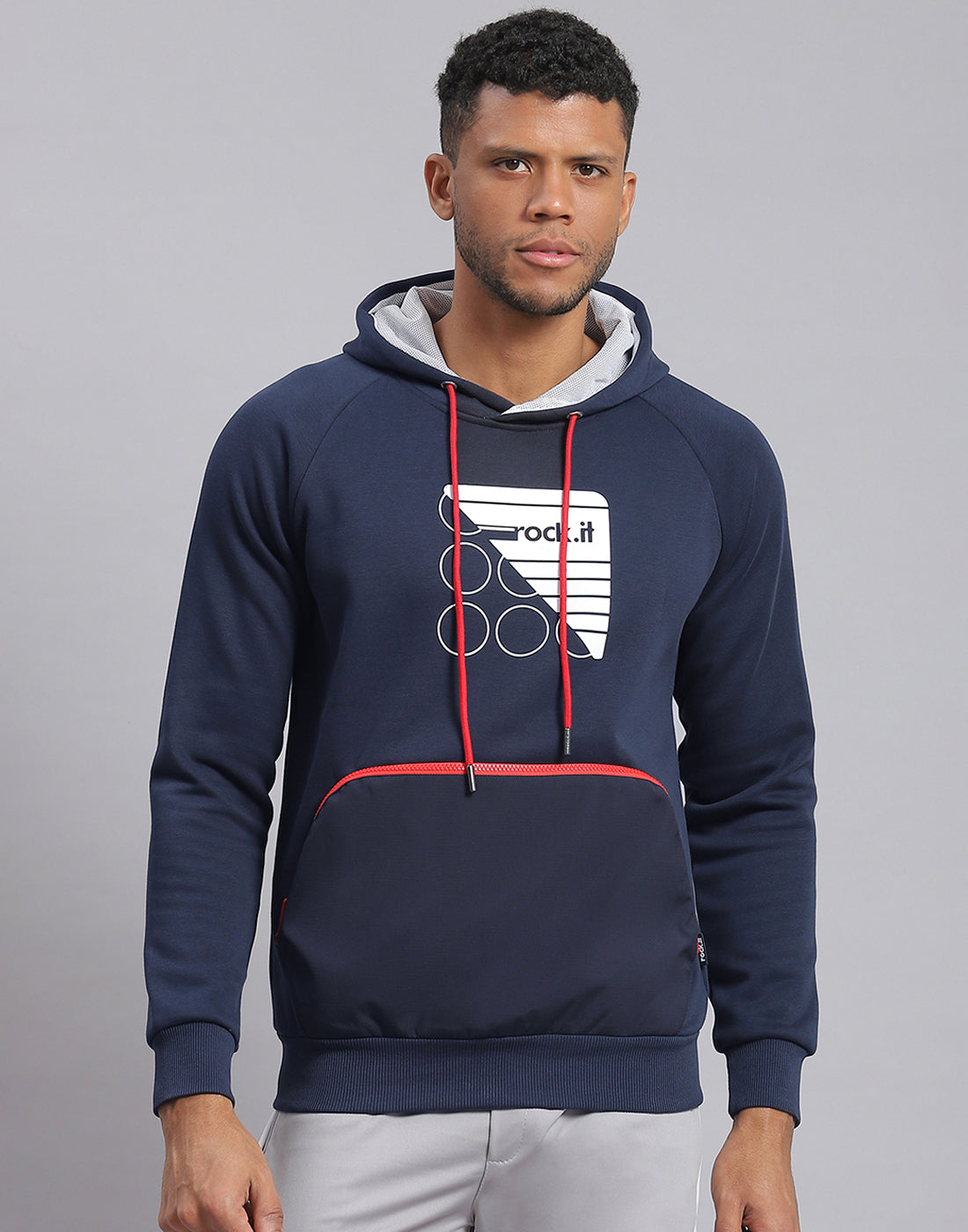 Men Navy Blue Printed Hooded Full Sleeve Sweatshirt