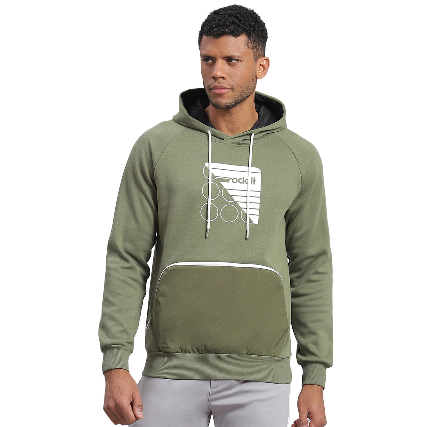 Men Olive Printed Hooded Full Sleeve Sweatshirt