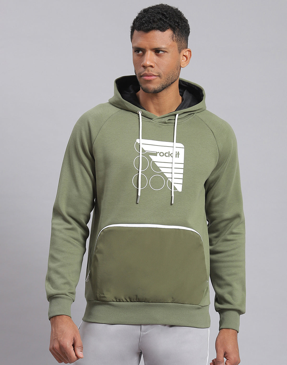Men Olive Printed Hooded Full Sleeve Sweatshirt