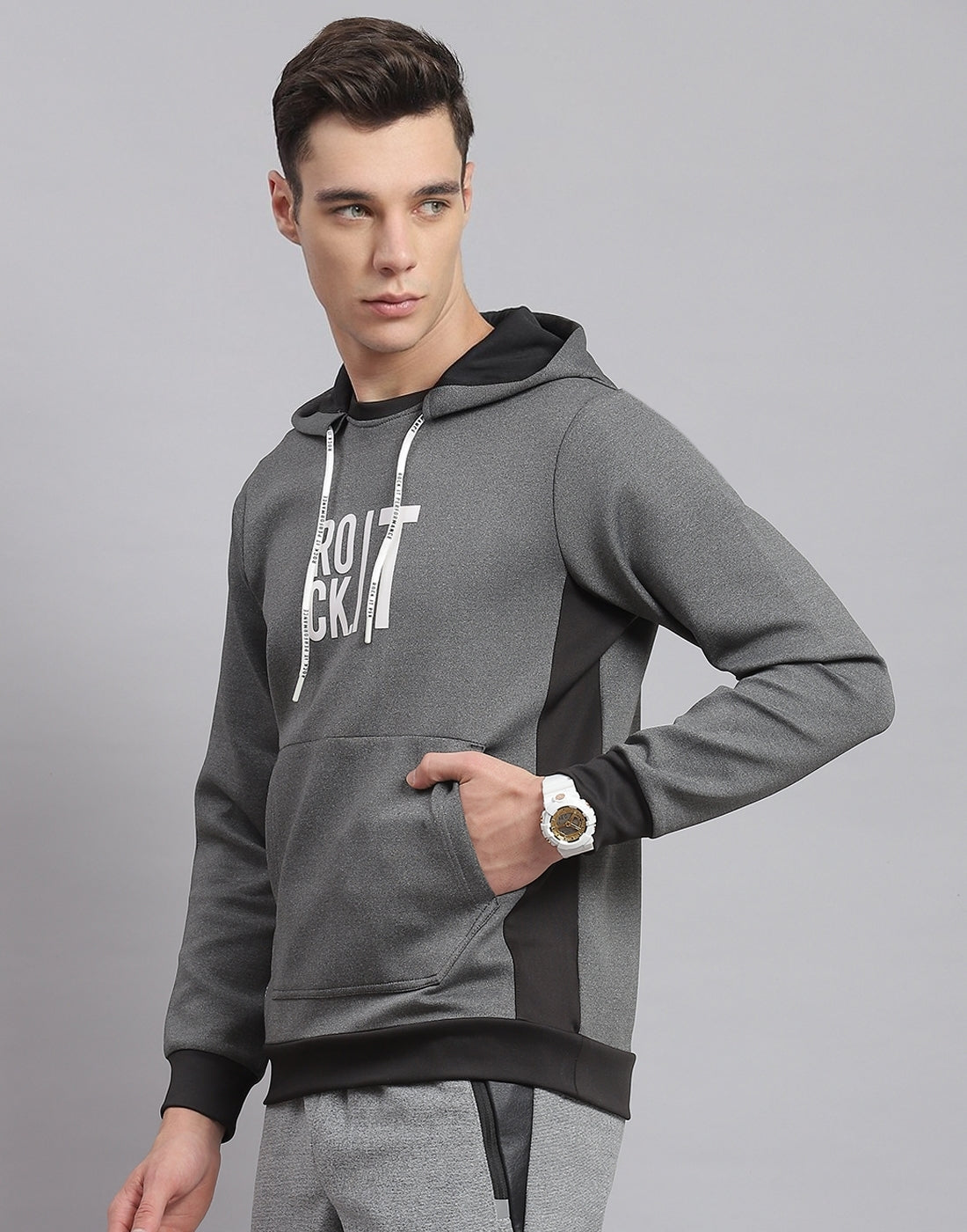 Men Grey Solid Hooded Full Sleeve Sweatshirt