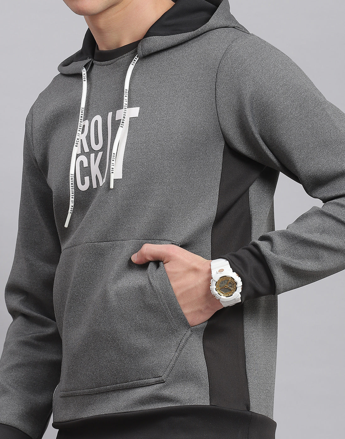 Men Grey Solid Hooded Full Sleeve Sweatshirt