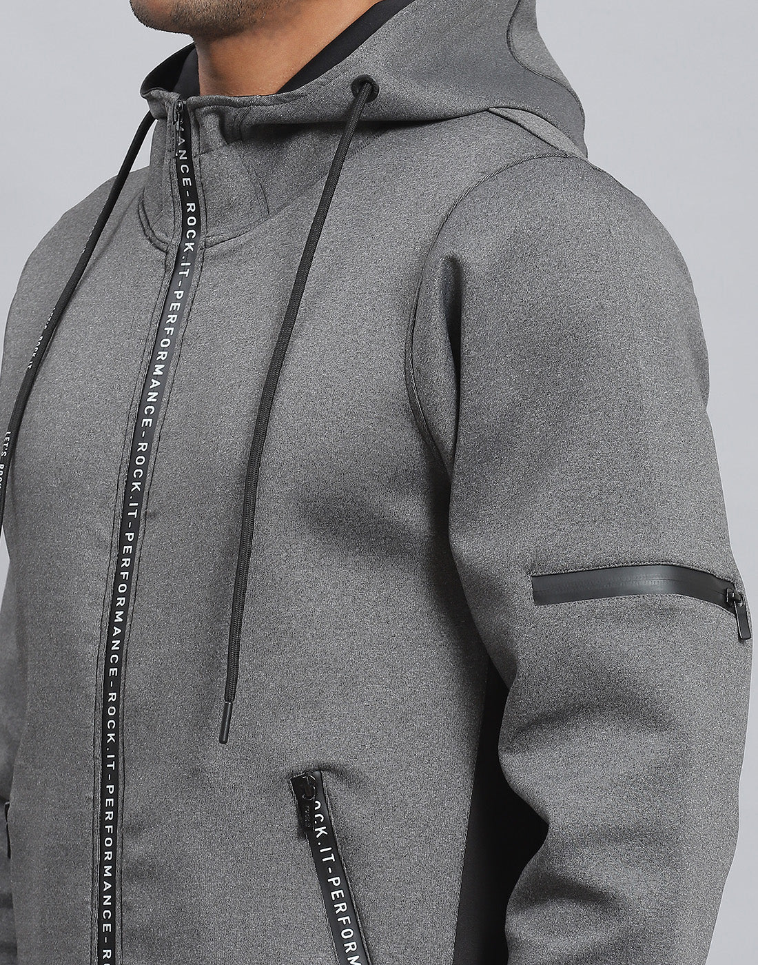 Rock.it Men Grey Solid Hooded Full Sleeve Sweatshirt