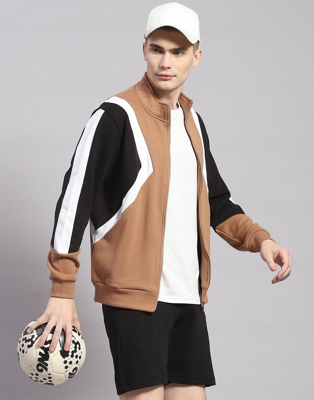 Men Camel Brown Solid T Neck Full Sleeve Sweatshirt
