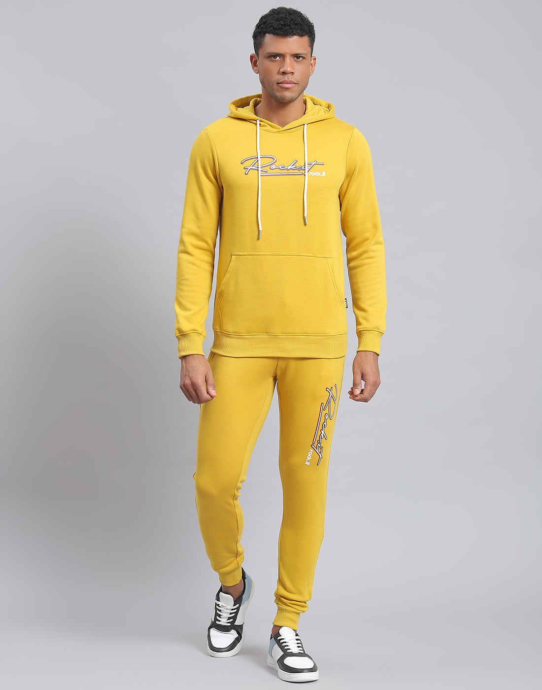 Men Yellow Solid Hooded Full Sleeve Tracksuit