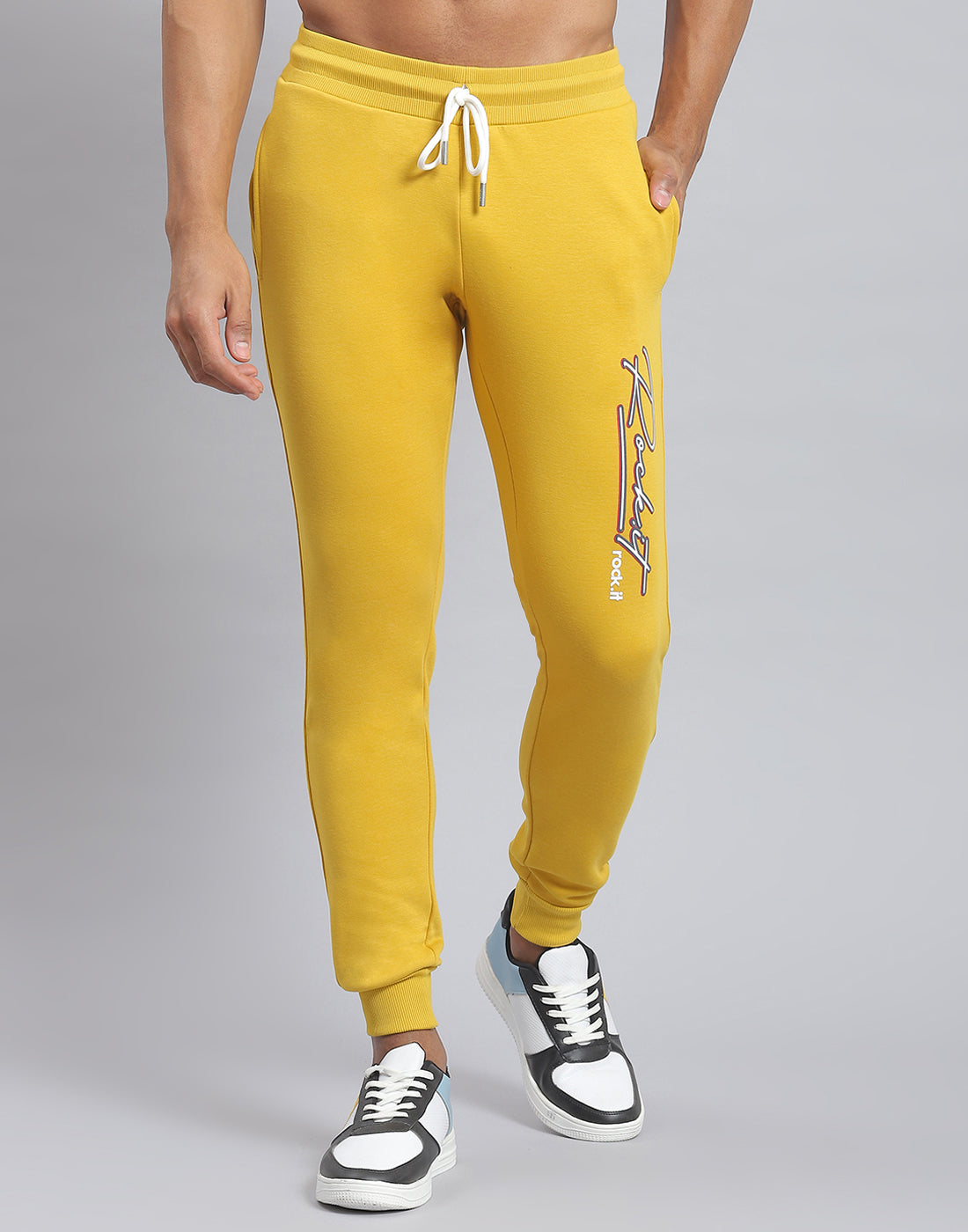 Men Yellow Solid Hooded Full Sleeve Tracksuit