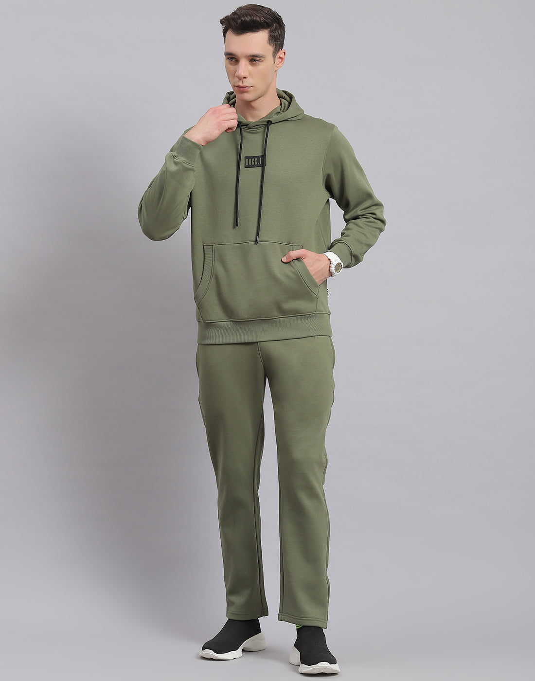 Men Olive Solid Hooded Full Sleeve Tracksuit