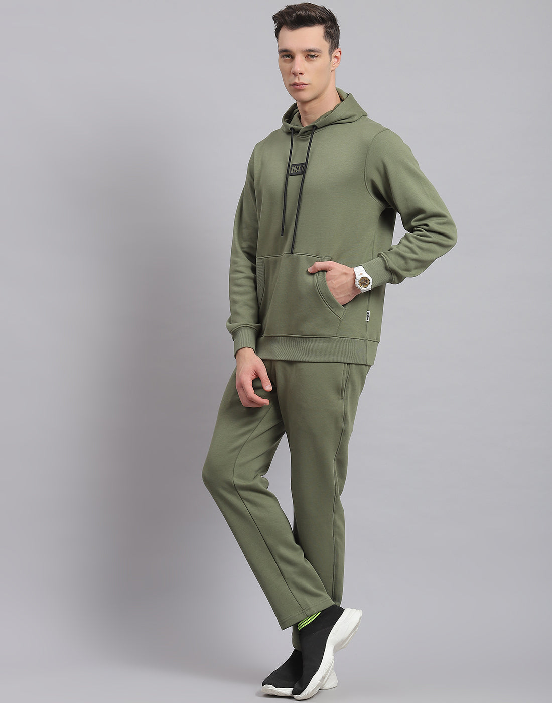 Men Olive Solid Hooded Full Sleeve Tracksuit