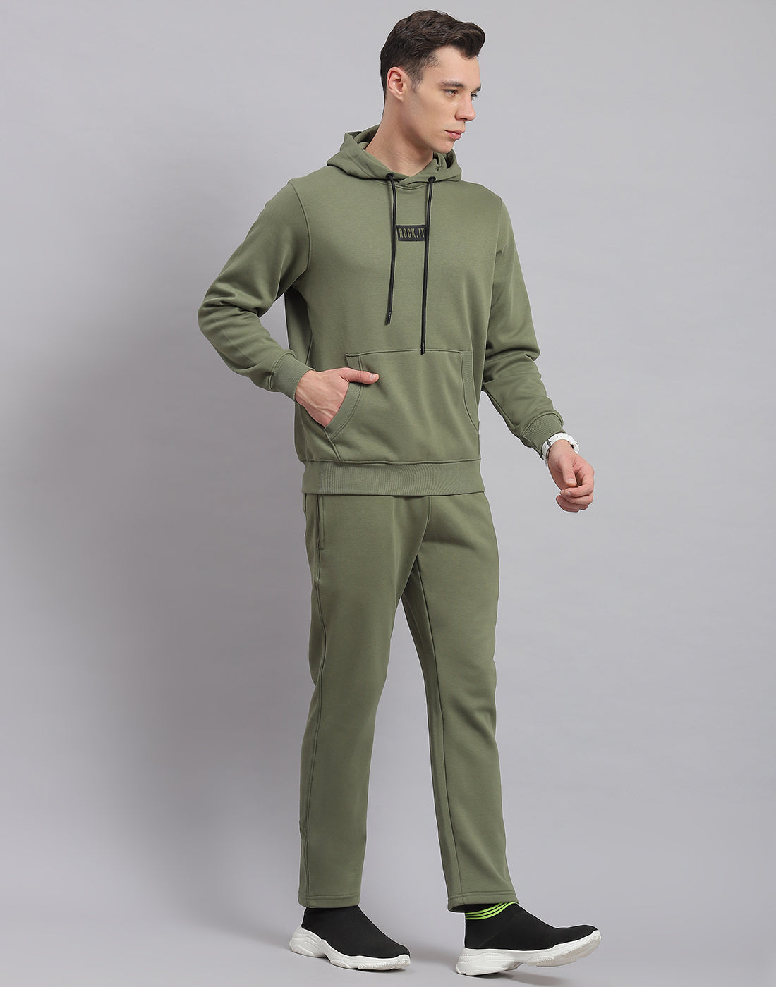 Men Olive Solid Hooded Full Sleeve Tracksuit