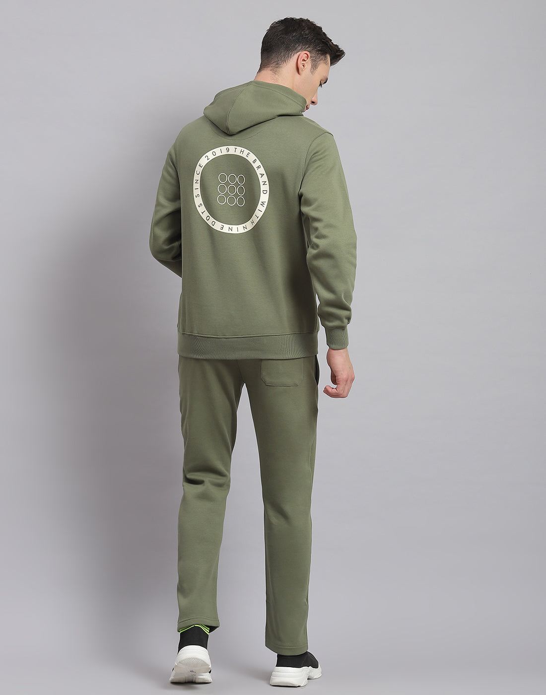Men Olive Solid Hooded Full Sleeve Tracksuit
