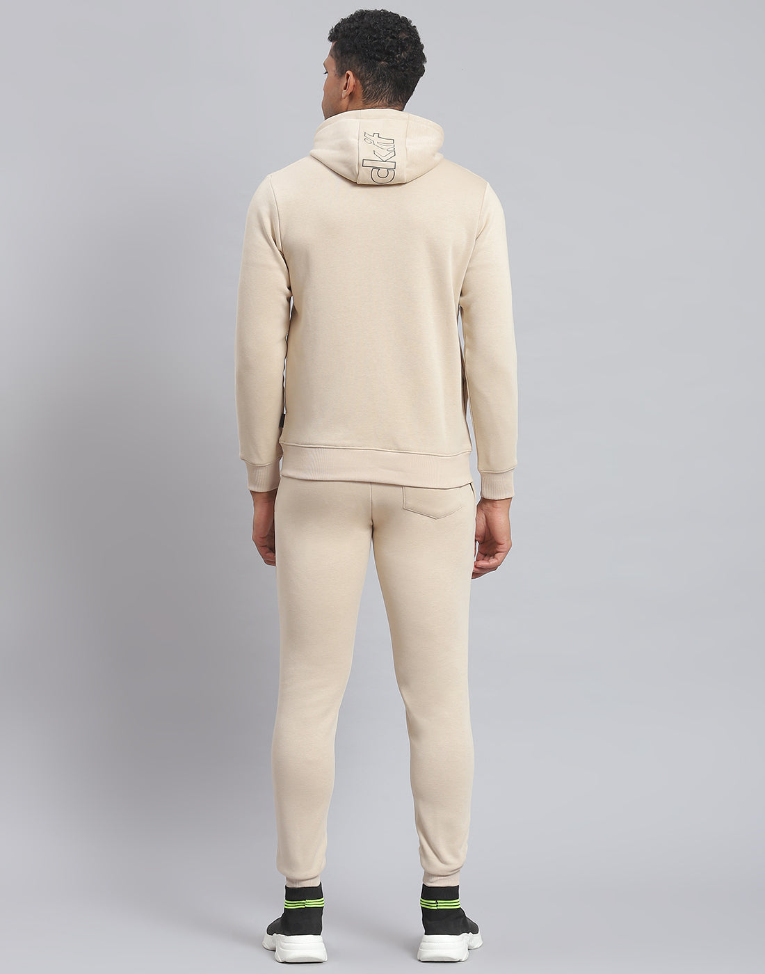 Men Beige Solid Hooded Full Sleeve Tracksuit