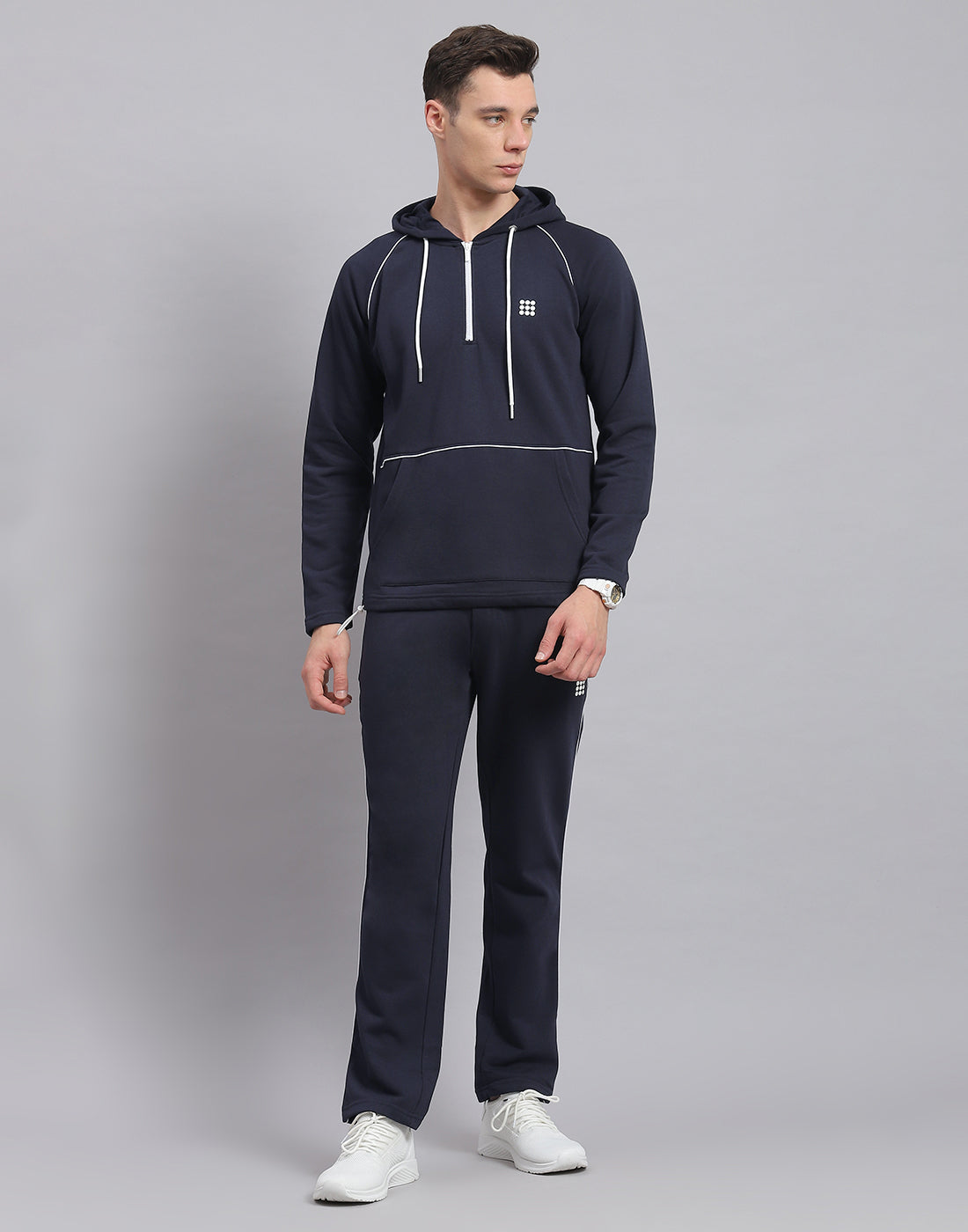 Men Navy Blue Solid Hooded Full Sleeve Tracksuit