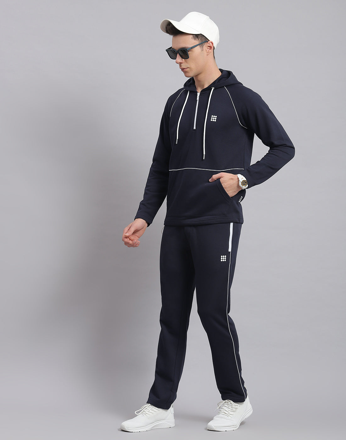 Men Navy Blue Solid Hooded Full Sleeve Tracksuit