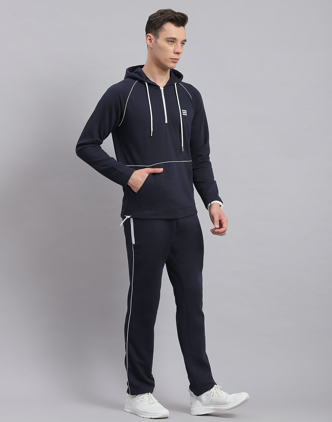 Men Navy Blue Solid Hooded Full Sleeve Tracksuit
