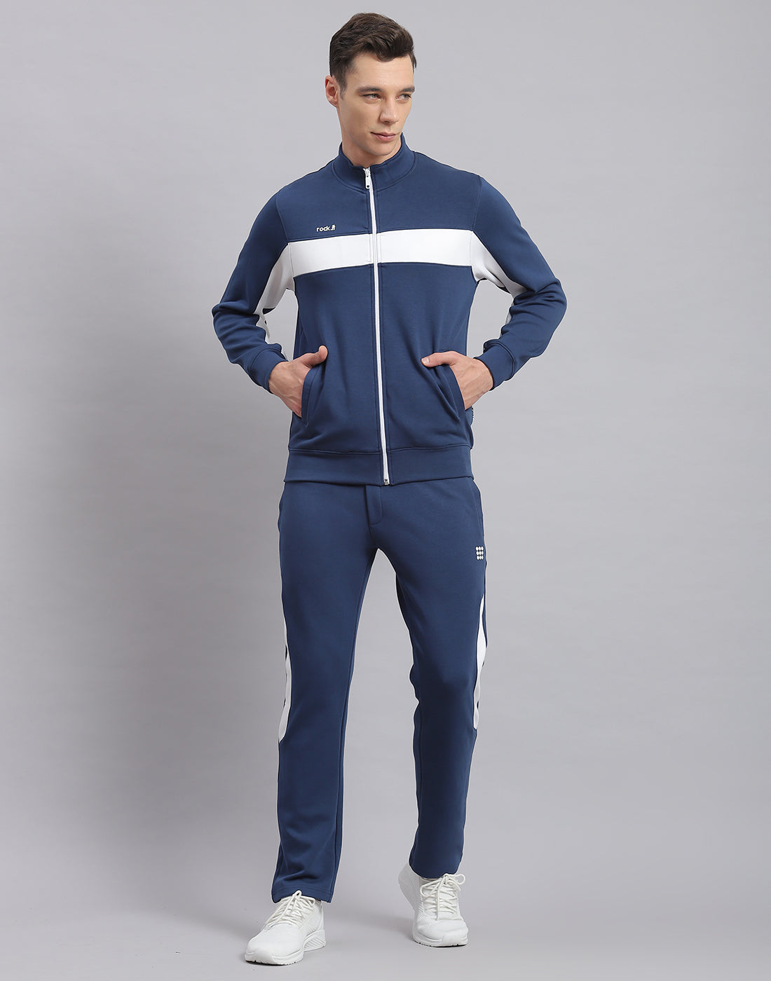 Men Blue Solid Stand Collar Full Sleeve Tracksuit