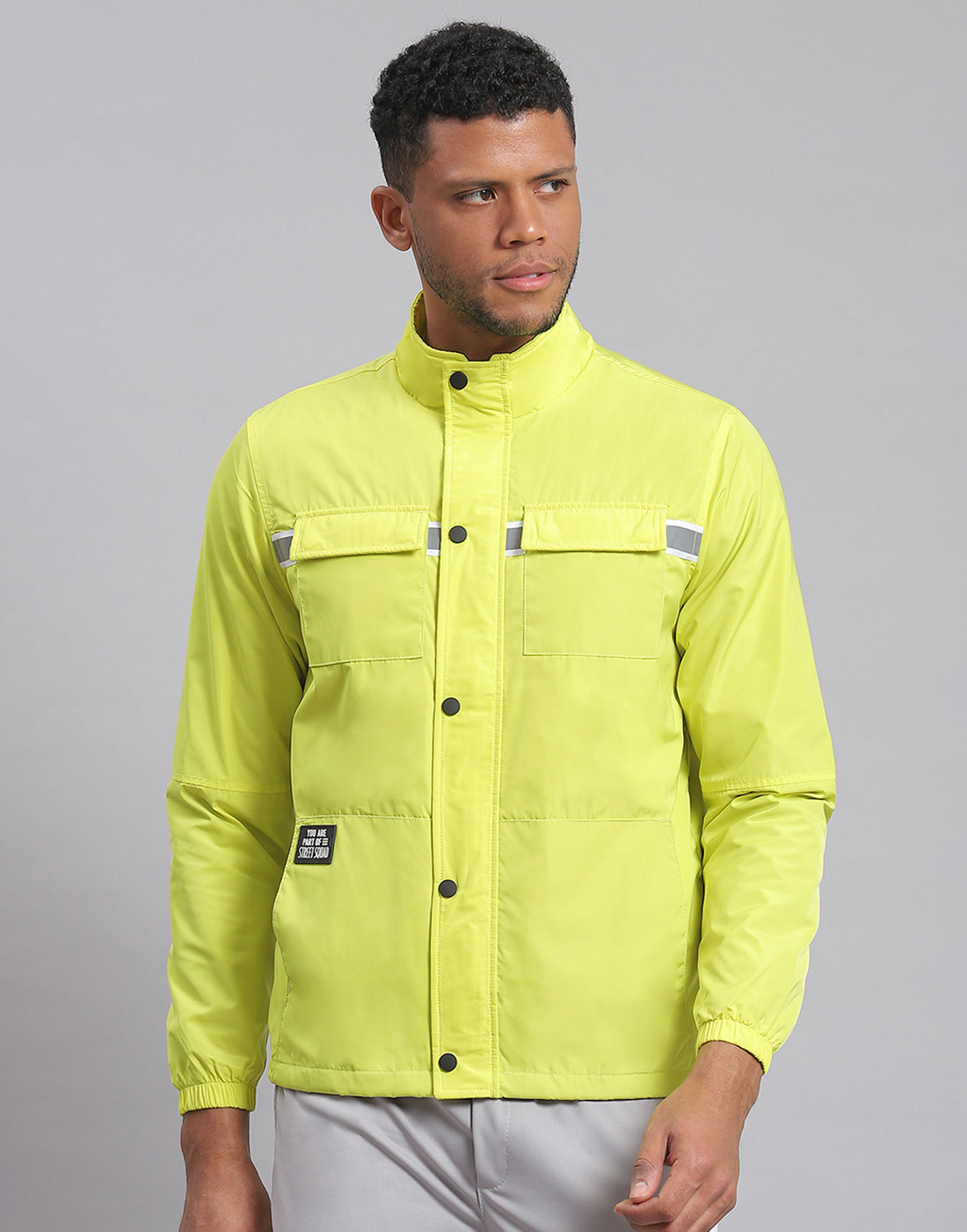 Men Green Solid Stand Collar Full Sleeve Jacket