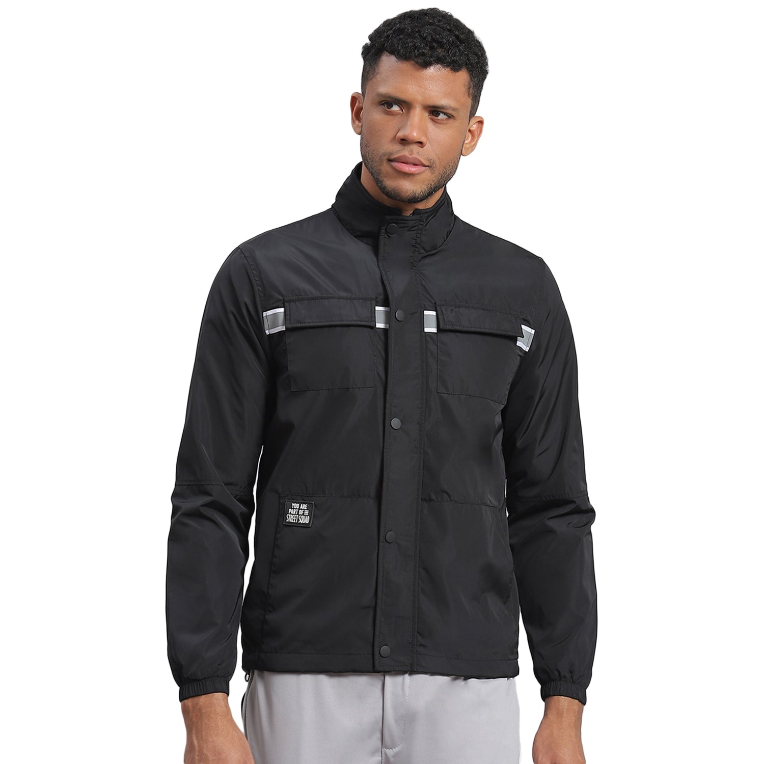 Men Black Solid Stand Collar Full Sleeve Jacket