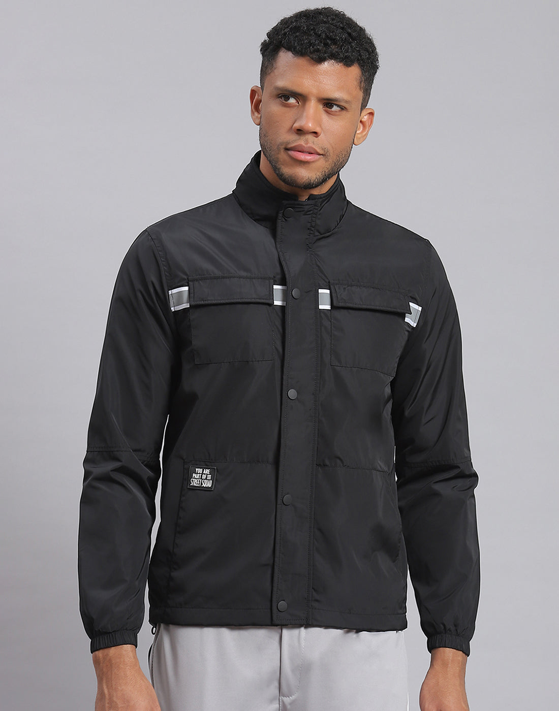 Men Black Solid Stand Collar Full Sleeve Jacket