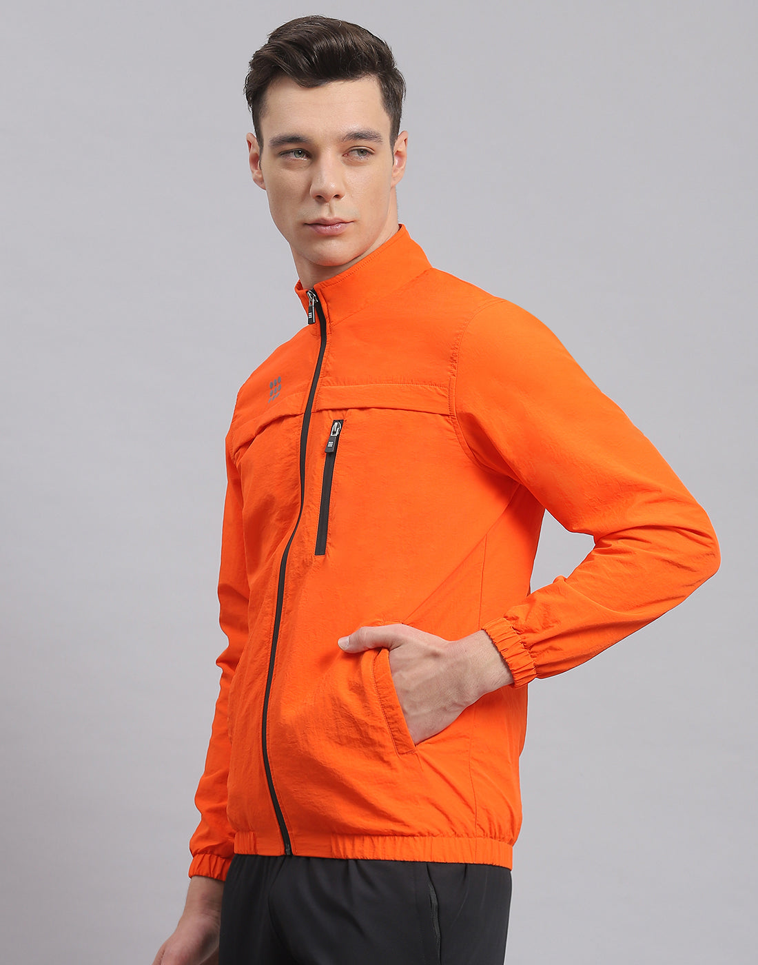Men Orange Solid Stand Collar Full Sleeve Jacket