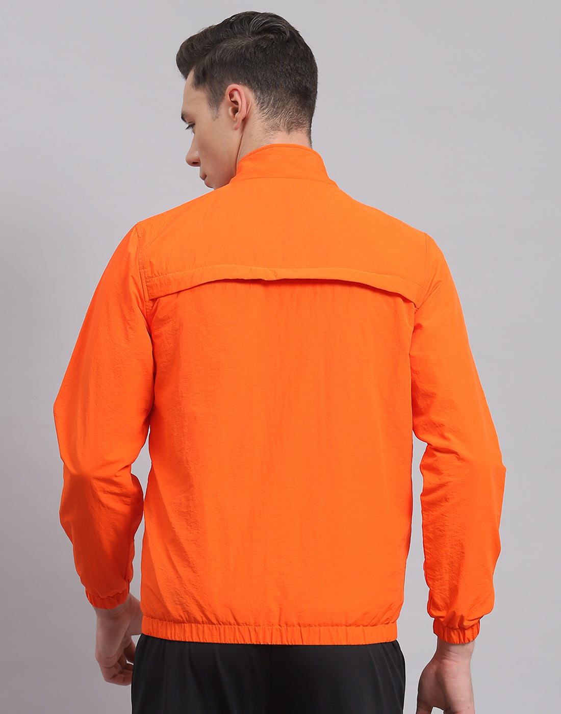 Men Orange Solid Stand Collar Full Sleeve Jacket