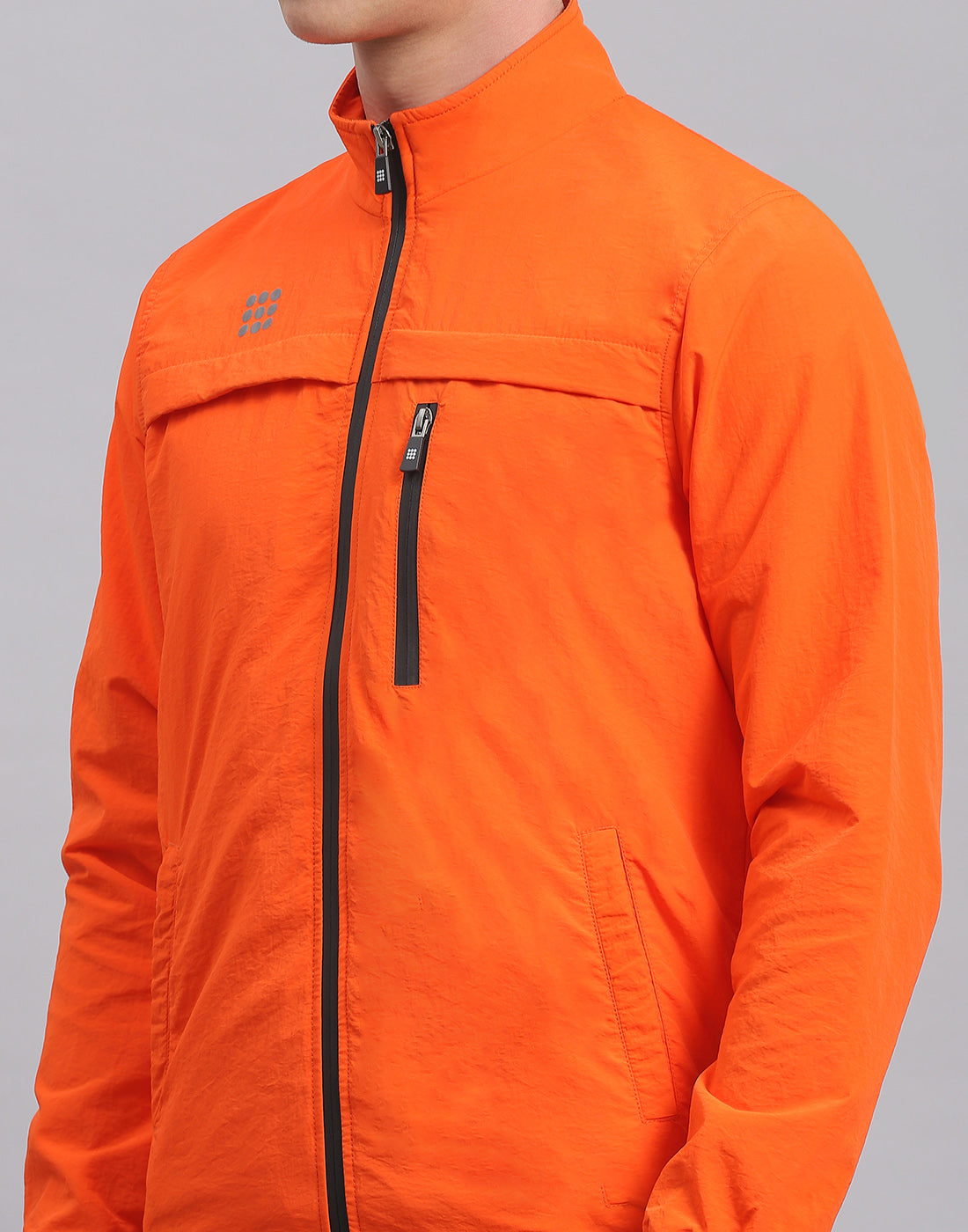 Men Orange Solid Stand Collar Full Sleeve Jacket
