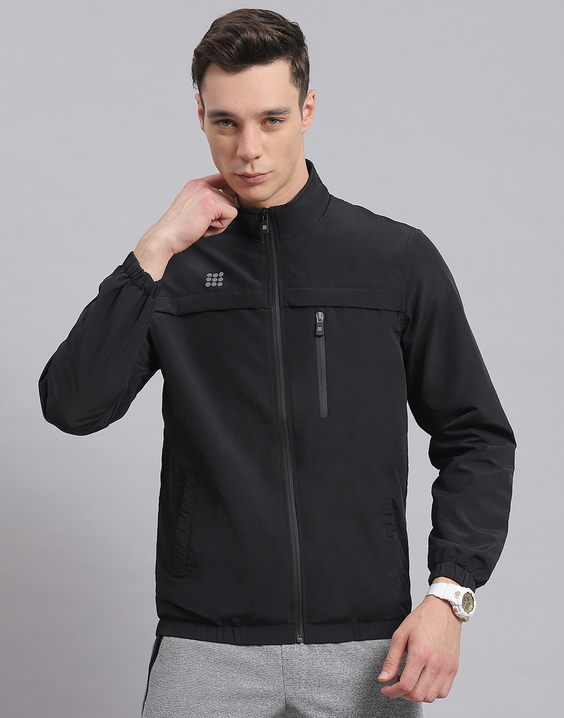 Men Black Solid Stand Collar Full Sleeve Jacket