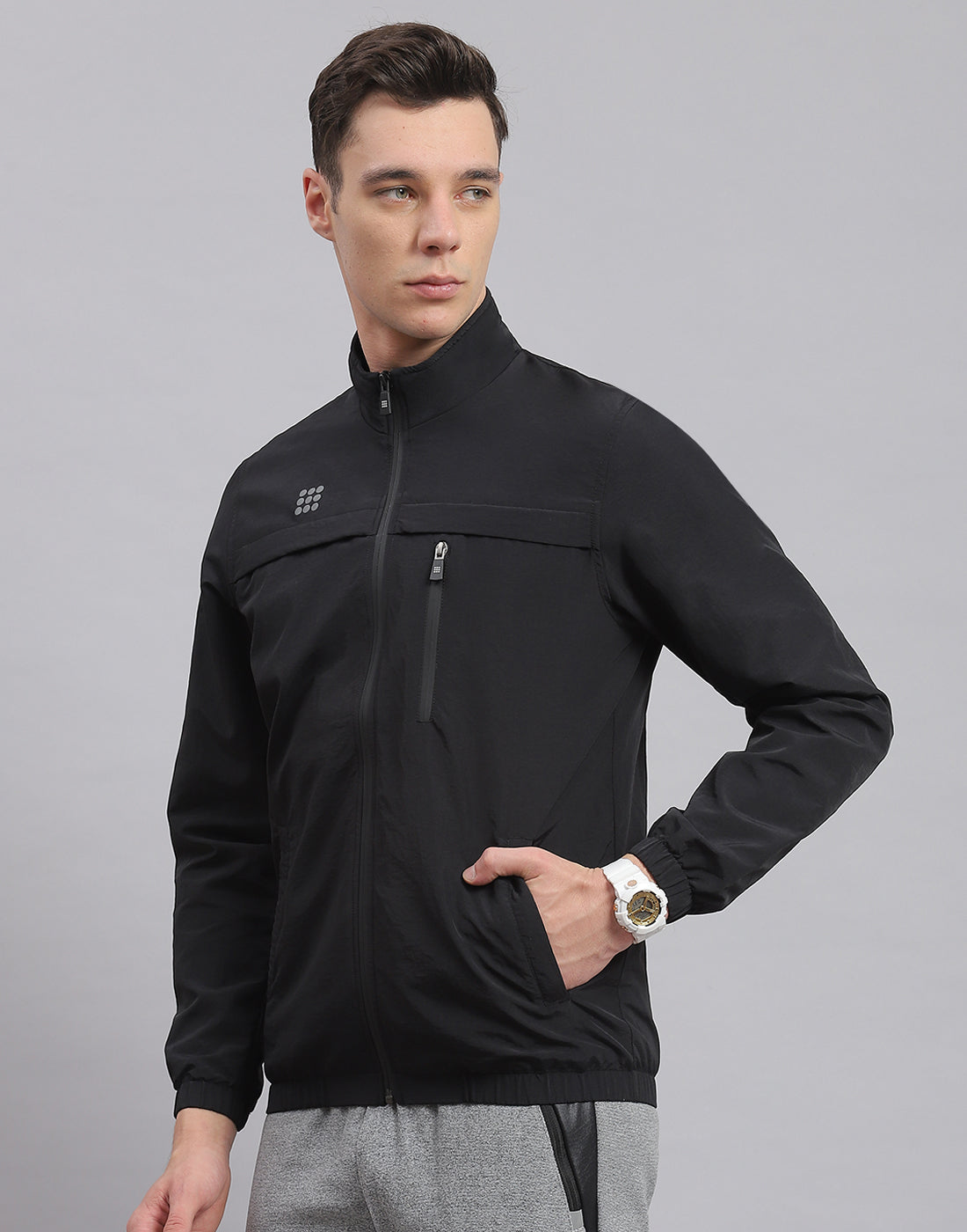Men Black Solid Stand Collar Full Sleeve Jacket