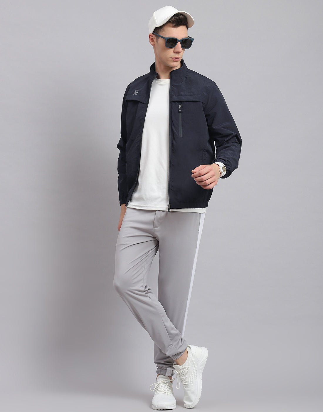 Men Navy Blue Solid Stand Collar Full Sleeve Jacket