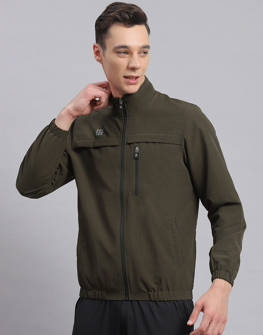 Men Olive Solid Stand Collar Full Sleeve Jacket