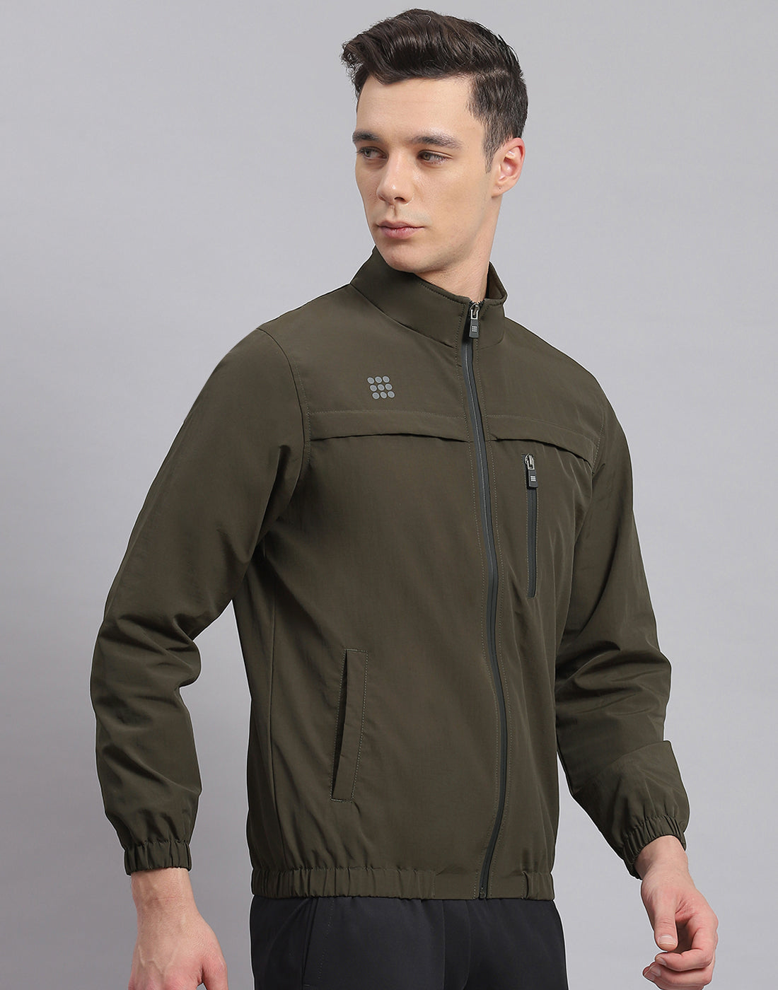 Men Olive Solid Stand Collar Full Sleeve Jacket