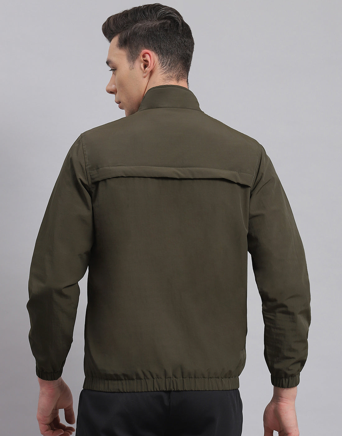 Men Olive Solid Stand Collar Full Sleeve Jacket