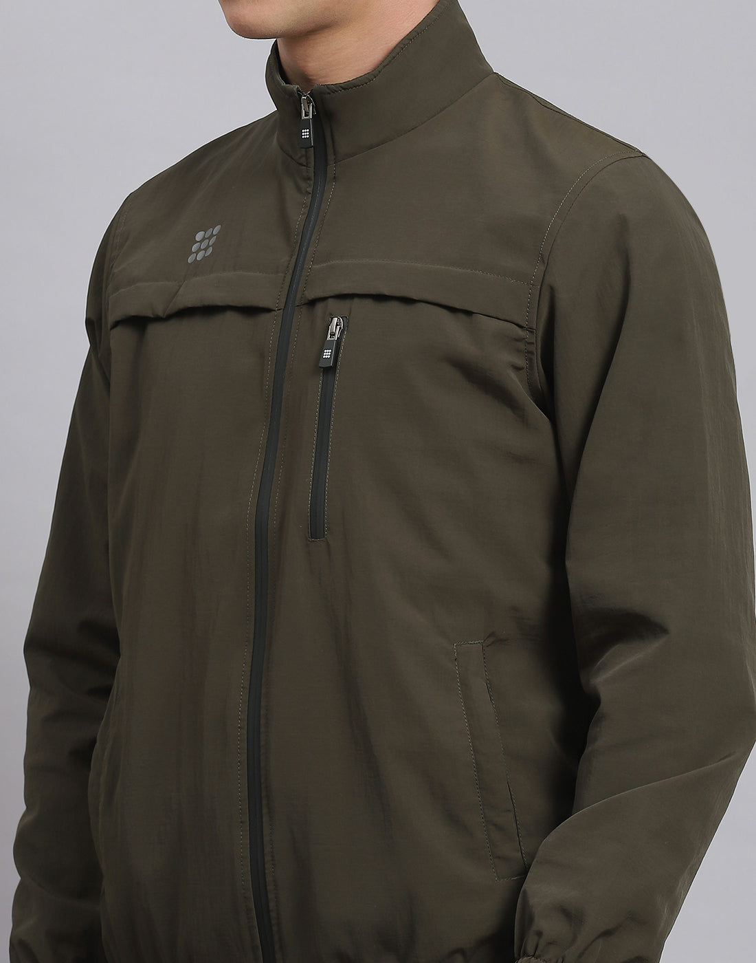Men Olive Solid Stand Collar Full Sleeve Jacket