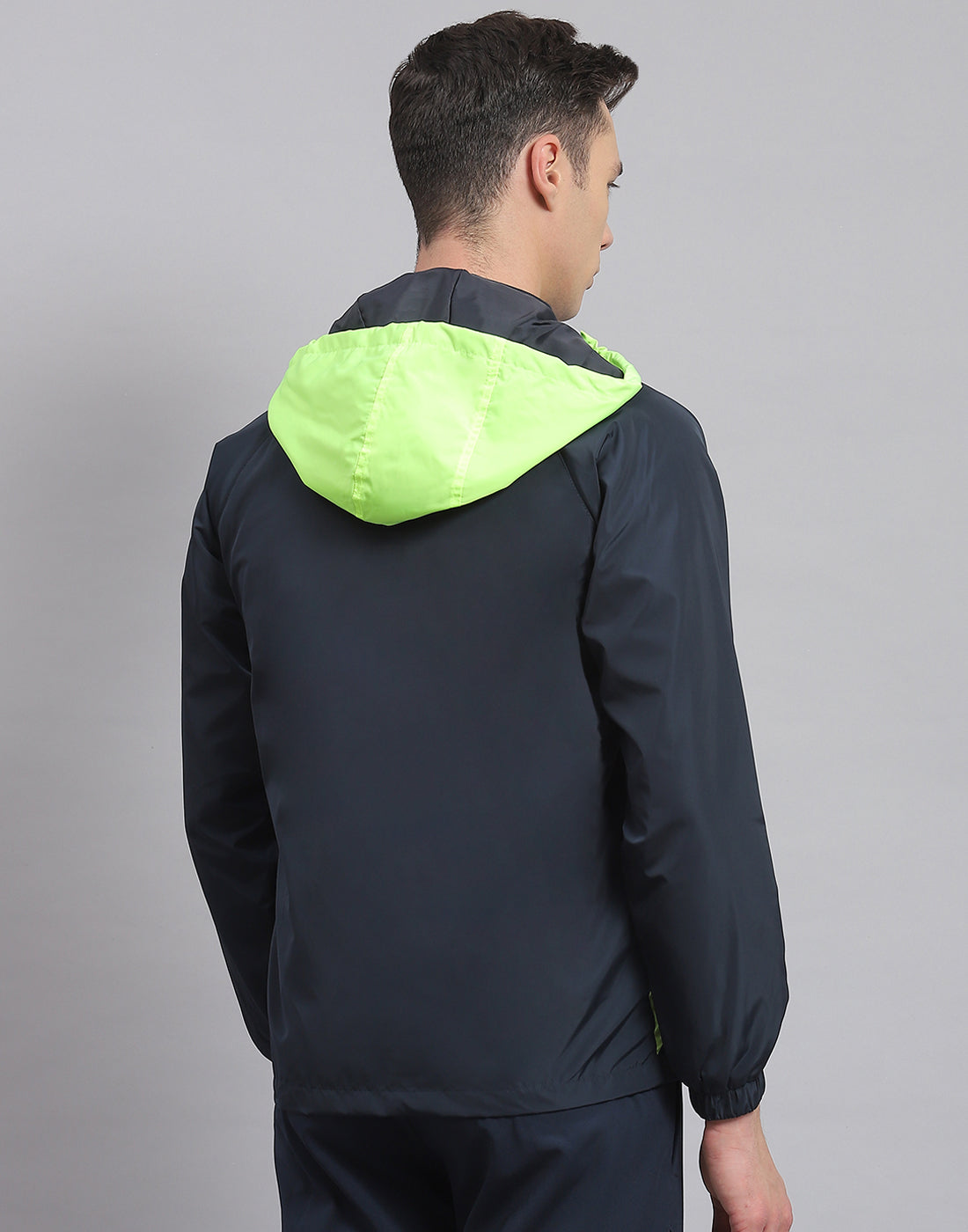 Men Navy Blue Solid Hooded Full Sleeve Jacket