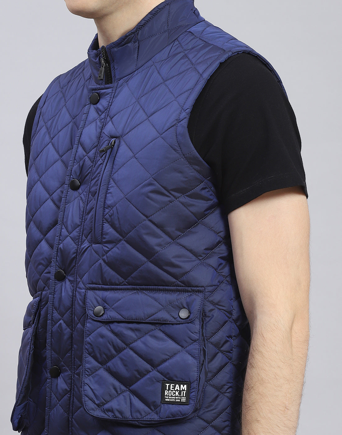 Men Blue Solid Stand Collar Sleeveless Jacket
