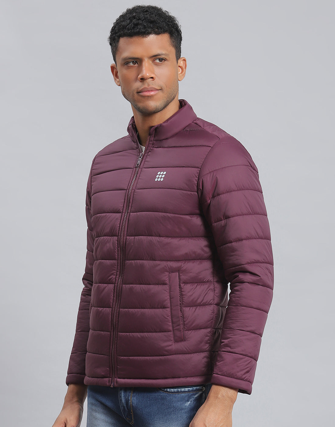 Men Maroon Solid Stand Collar Full Sleeve Jacket