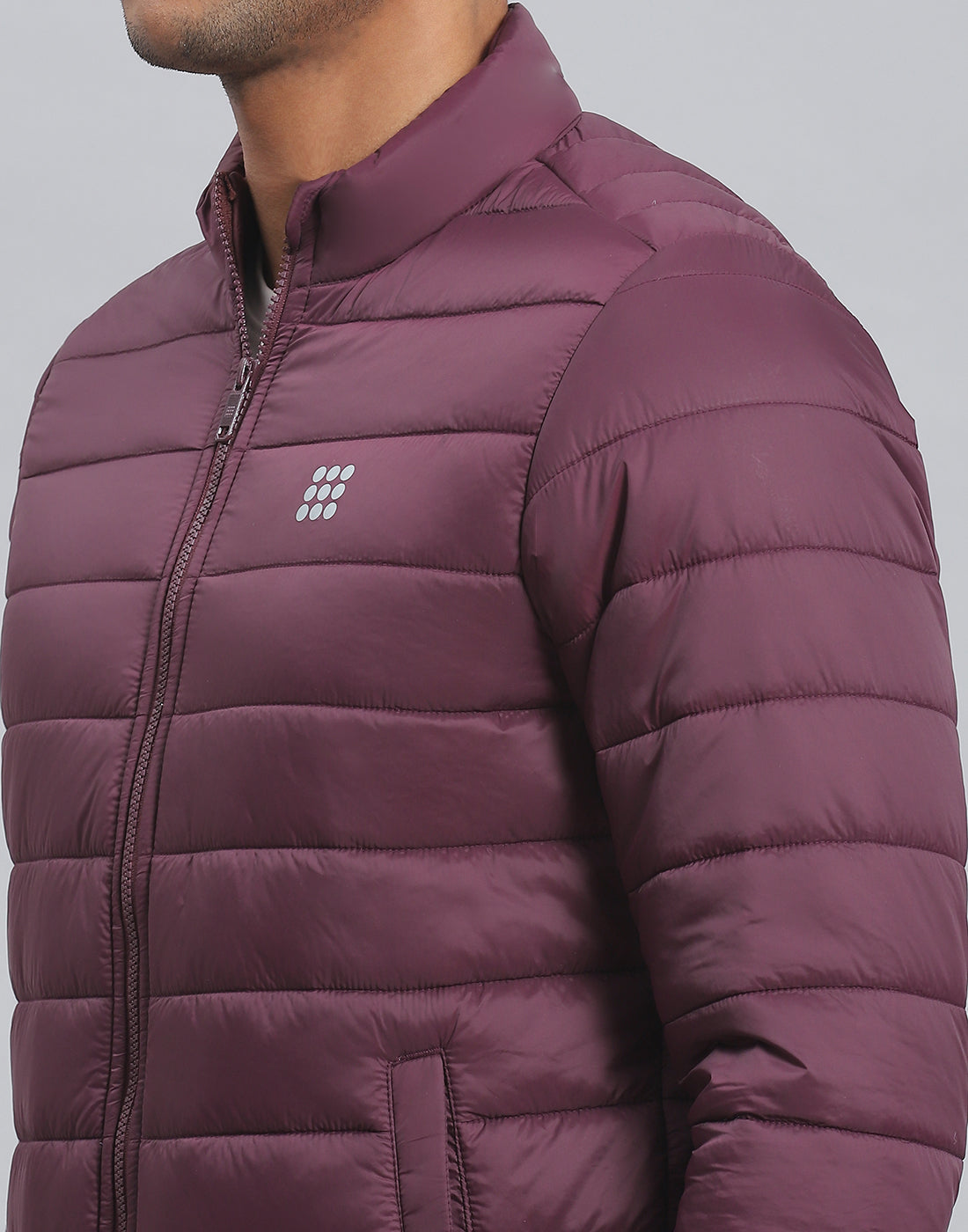 Men Maroon Solid Stand Collar Full Sleeve Jacket